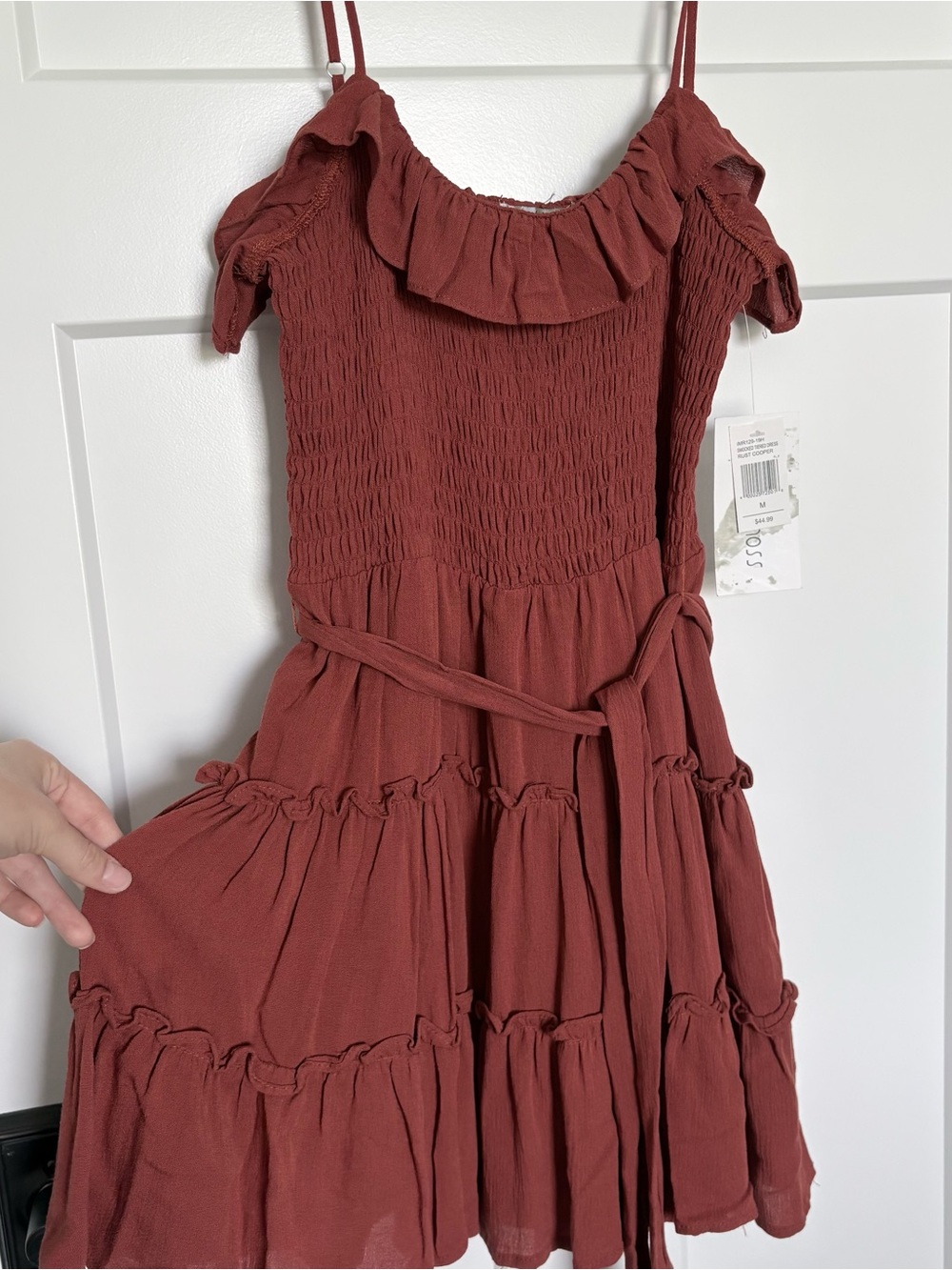 Smocked Rust Red Mini Dress with Ruffle Neckline - Picture 4 of 5